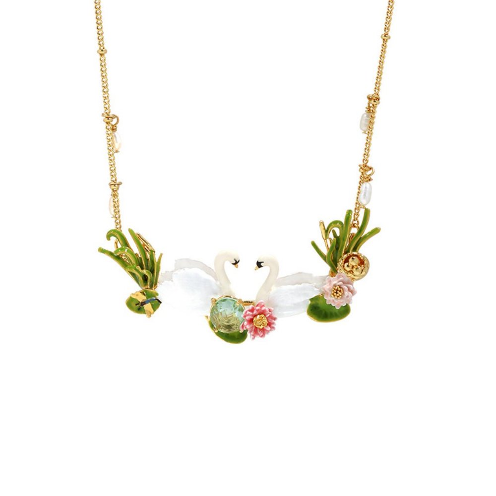 Les Nereides Two Swans In Love Among Water Lilies Collar Necklace